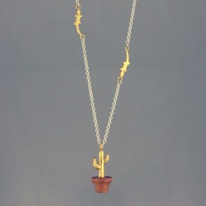 Potted Cactus and Gecko Necklace