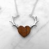 Wood and ooh silver antler heart shield necklace
