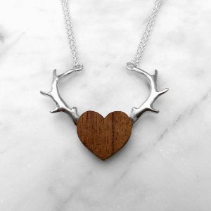 Wood and ooh silver antler heart shield necklace