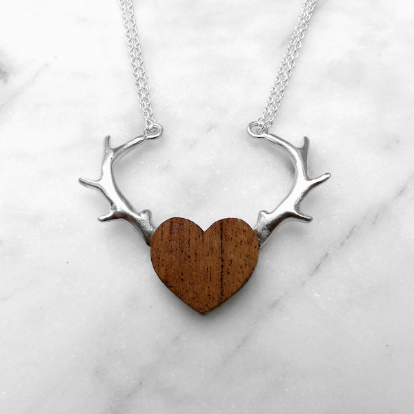 Wood and ooh silver antler heart shield necklace
