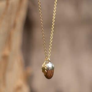 Silver and Oak Acorn Pendant with Gold Vermeil Leaf and Gold Vermeil Chain