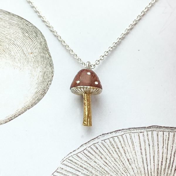 wood silver and gold vermeil fly agaric toadstool necklace
