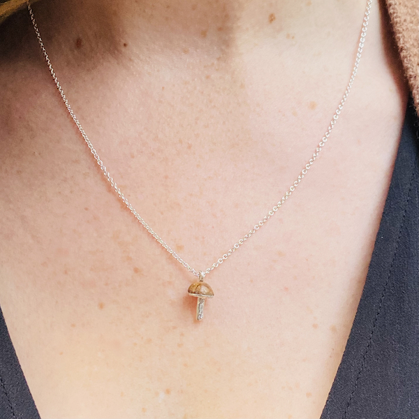 Oak and silver wild mushroom pendant