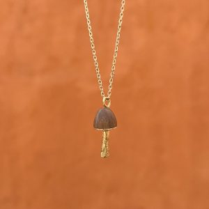 Gold and oak wood lucky forager mushroom pendant necklace