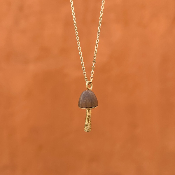 Gold and oak wood lucky forager mushroom pendant necklace