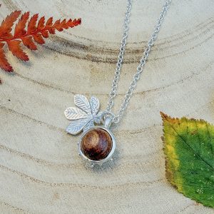Wood and Silver Conker and Chestnut Leaf Pendant