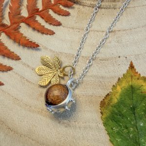 Wood, Silver and Gold Vermeil Conker and Chestnut Leaf Pendant