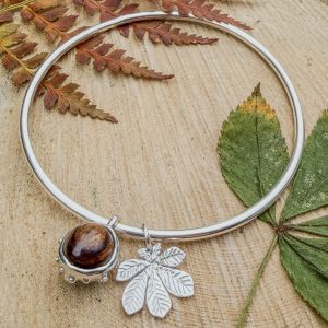 Wood and Silver Conker and Chestnut Leaf Bangle
